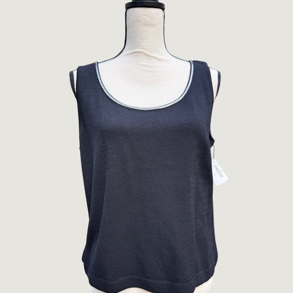 St. John Collection Black Wool Blend Knit Tank Top Silver Metallic Trim L NWT